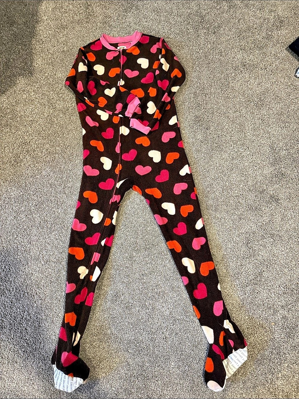 Big Feet Pajama Co Brown Multi Heart Fleece Footed Pajamas kids 12